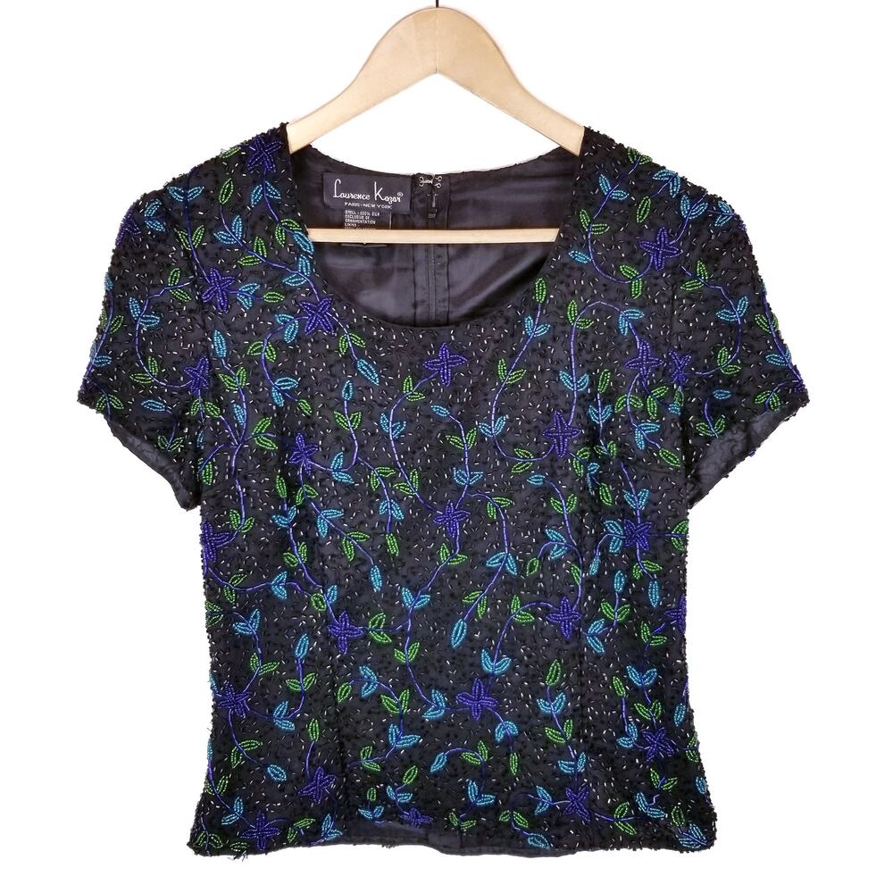Laurence Kazar Black Silk Floral Beaded Short Sleeve Blouse Top Size S Small
